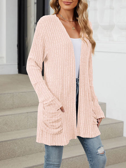 Cozy Knit Solid Color Pocket Long Sleeve Mid Length Casual Cardigan
