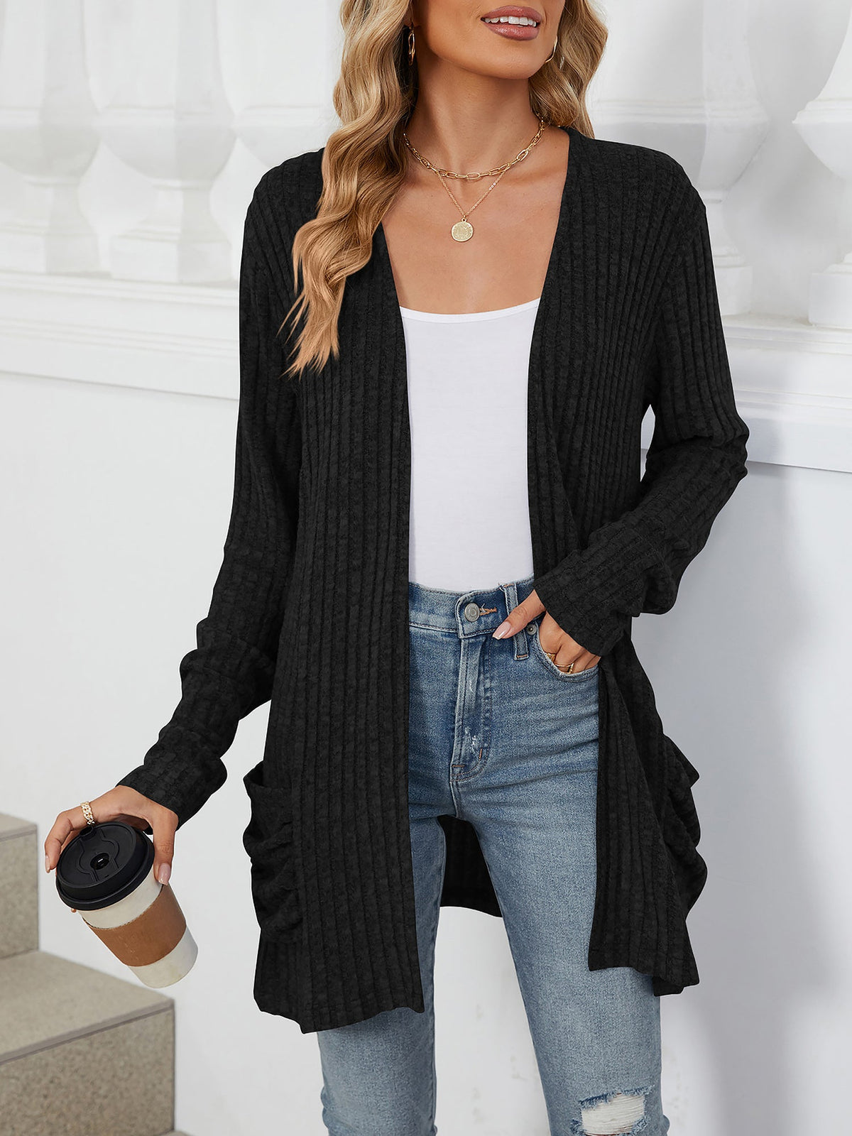 Cozy Knit Solid Color Pocket Long Sleeve Mid Length Casual Cardigan