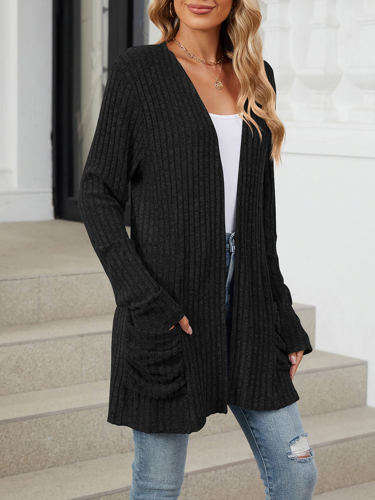 Cozy Knit Solid Color Pocket Long Sleeve Mid Length Casual Cardigan