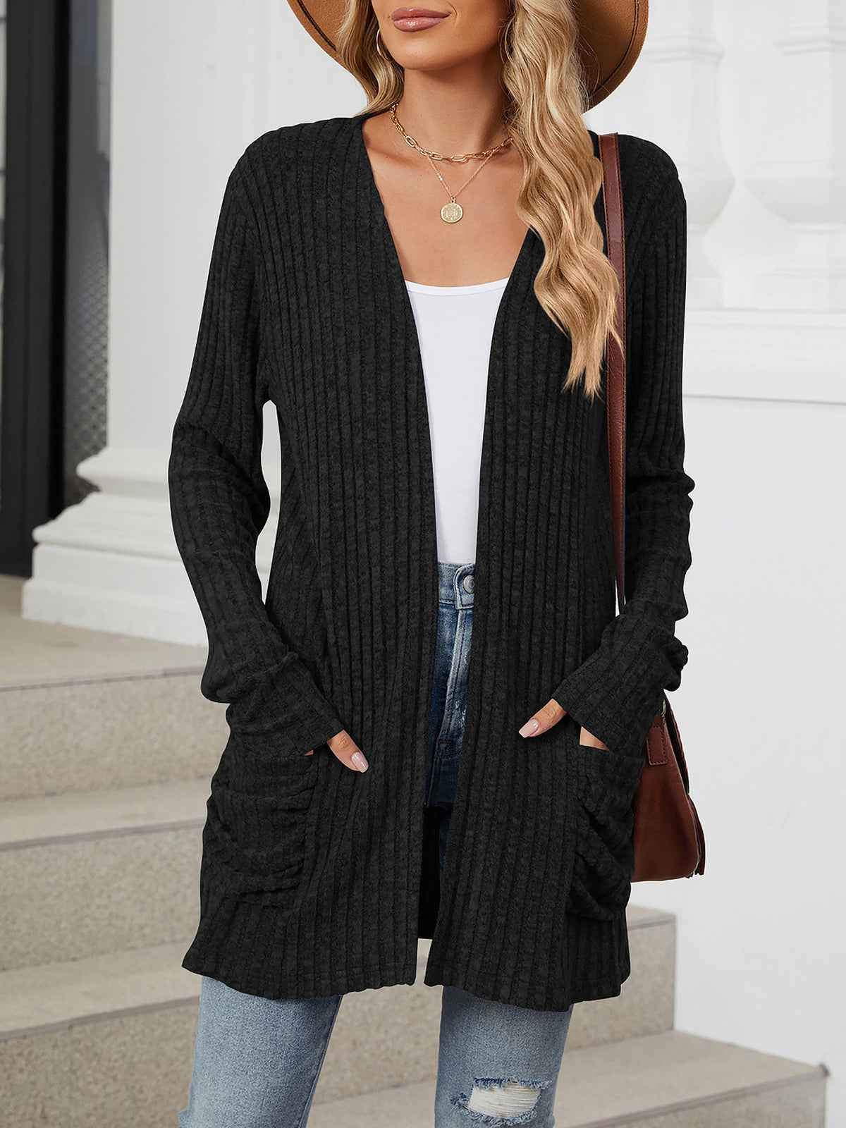 Cozy Knit Solid Color Pocket Long Sleeve Mid Length Casual Cardigan