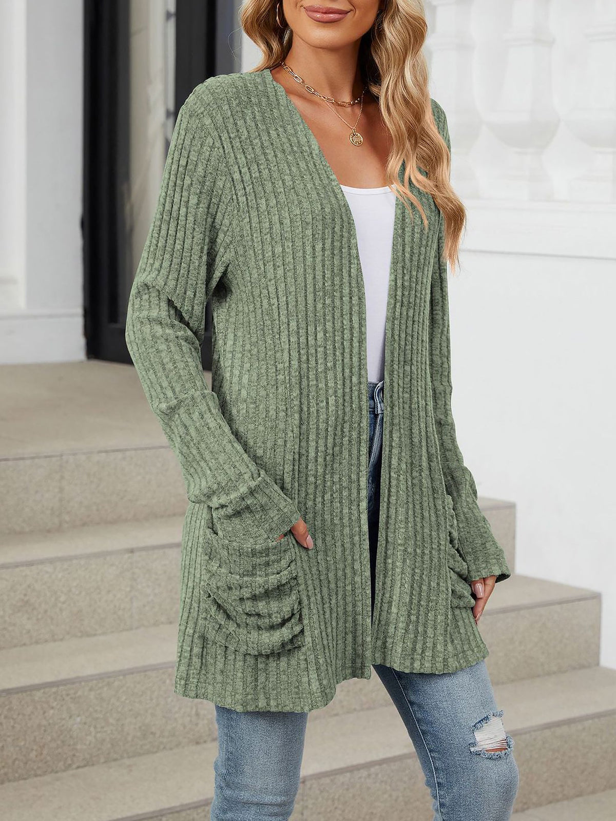Cozy Knit Solid Color Pocket Long Sleeve Mid Length Casual Cardigan