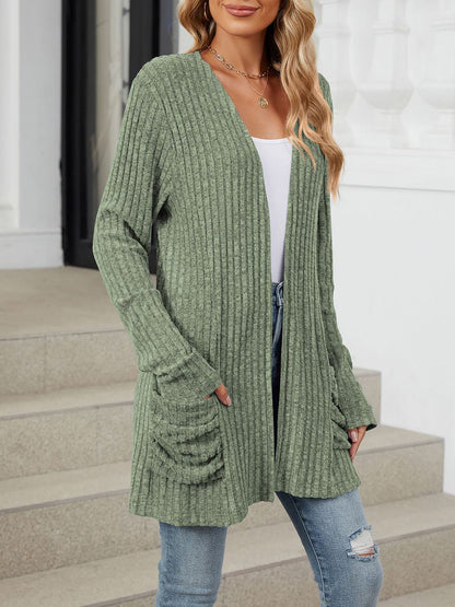 Cozy Knit Solid Color Pocket Long Sleeve Mid Length Casual Cardigan
