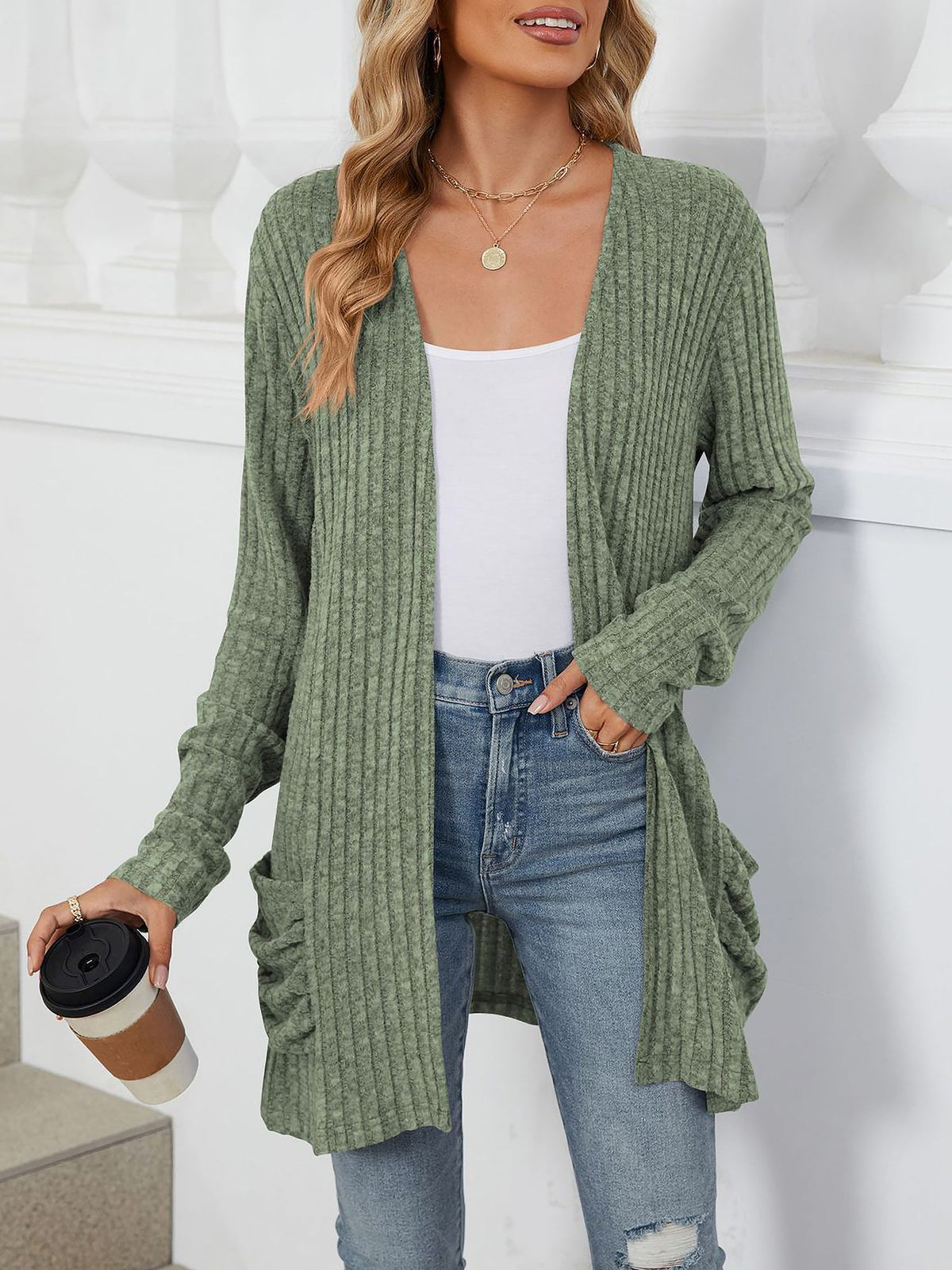 Cozy Knit Solid Color Pocket Long Sleeve Mid Length Casual Cardigan