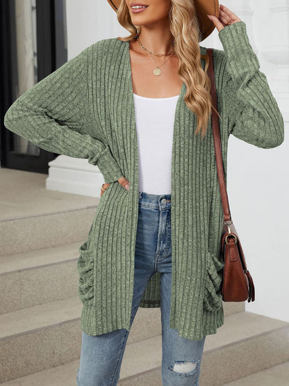 Cozy Knit Solid Color Pocket Long Sleeve Mid Length Casual Cardigan
