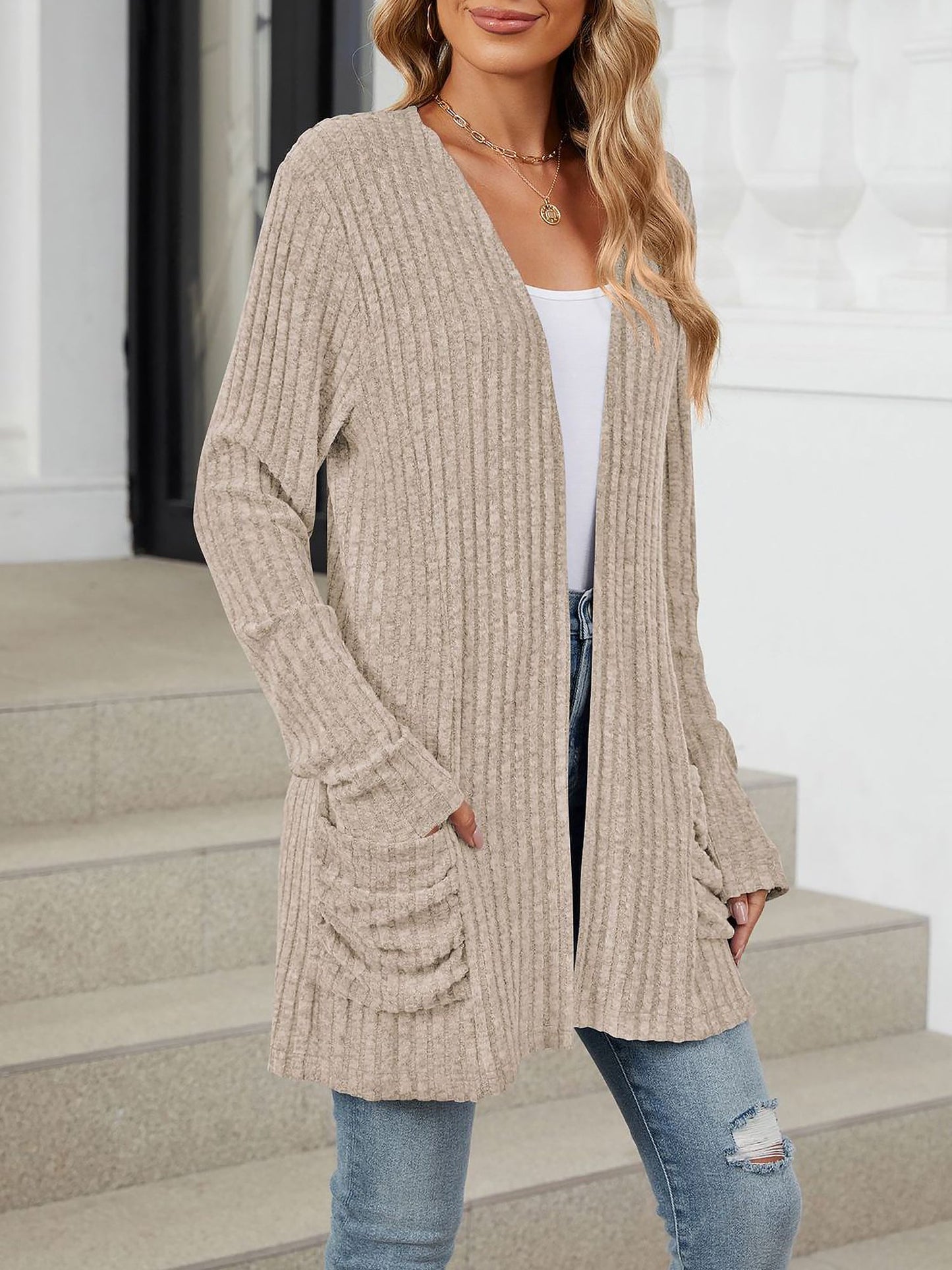 Cozy Knit Solid Color Pocket Long Sleeve Mid Length Casual Cardigan