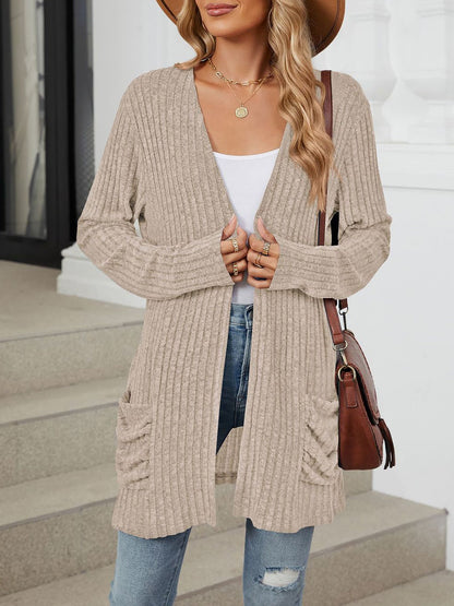 Cozy Knit Solid Color Pocket Long Sleeve Mid Length Casual Cardigan