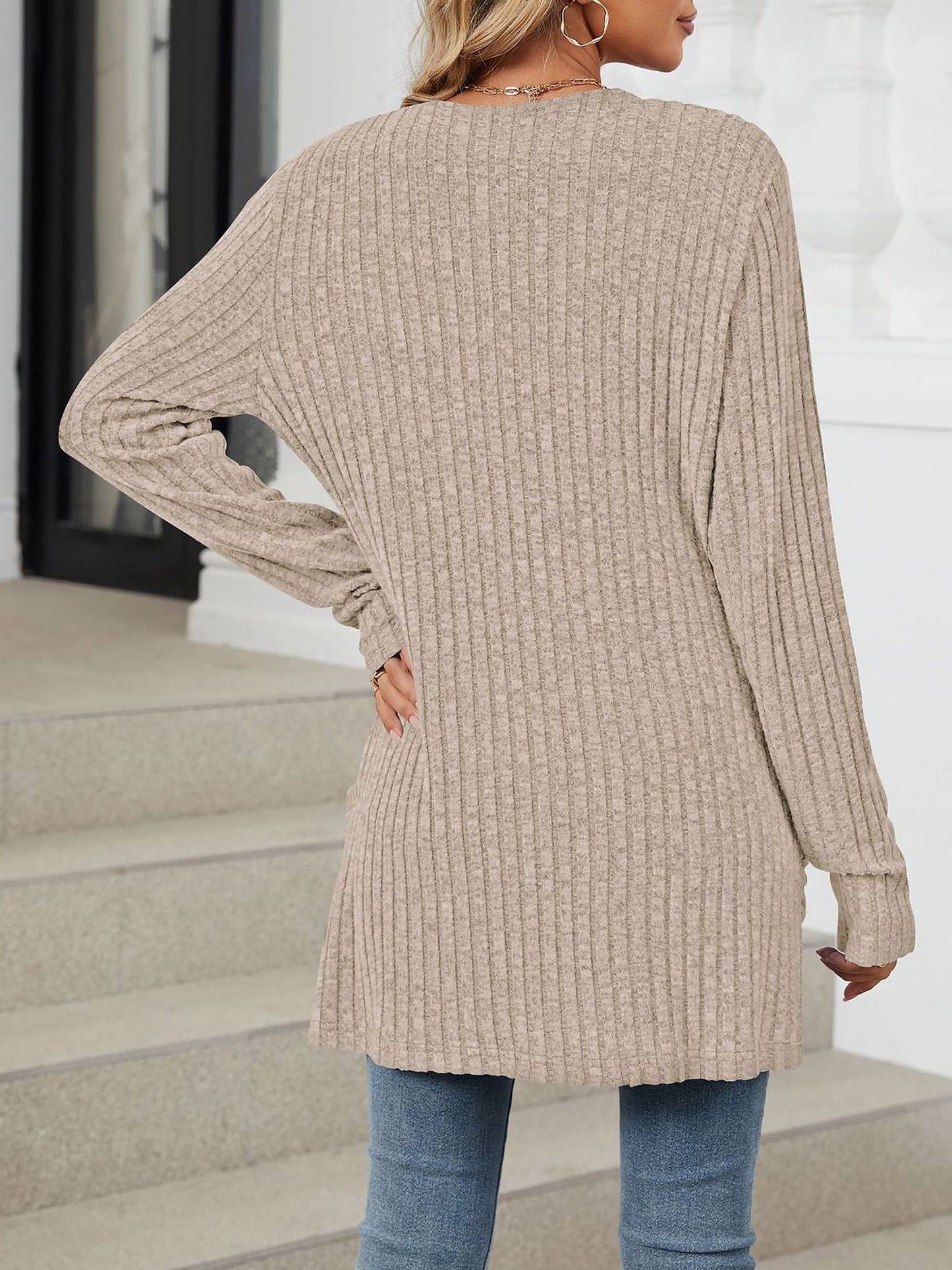 Cozy Knit Solid Color Pocket Long Sleeve Mid Length Casual Cardigan
