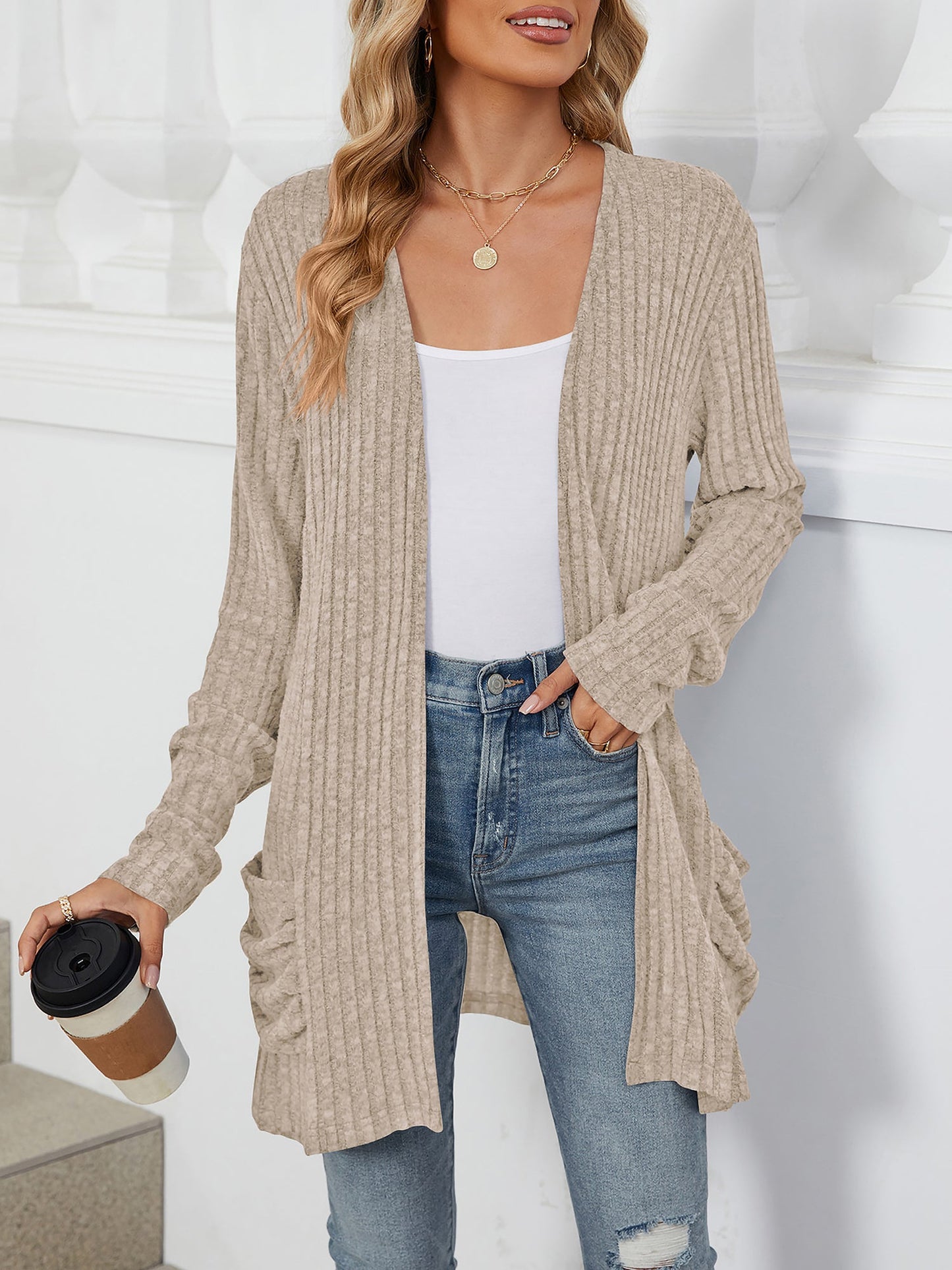 Cozy Knit Solid Color Pocket Long Sleeve Mid Length Casual Cardigan