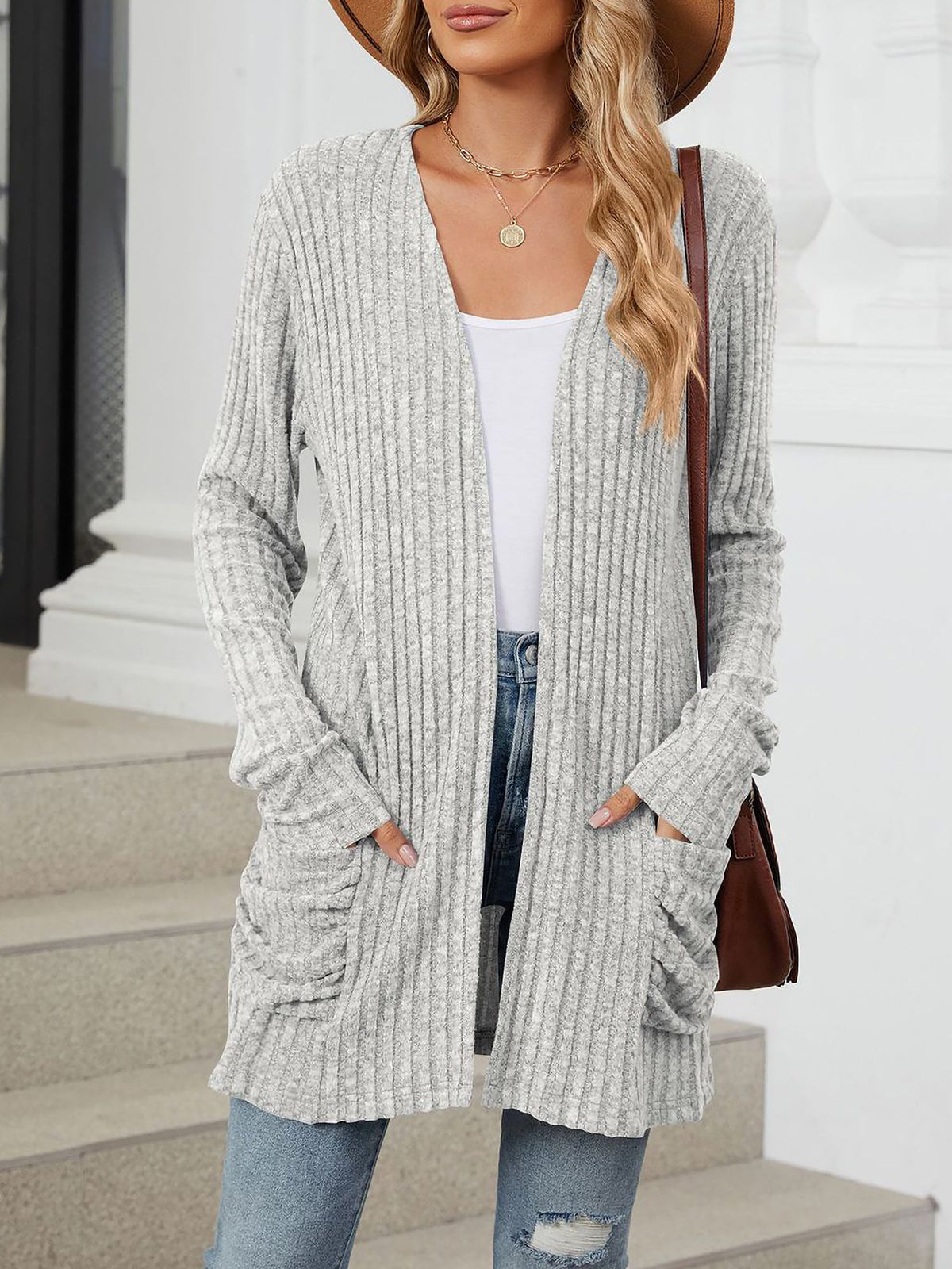 Cozy Knit Solid Color Pocket Long Sleeve Mid Length Casual Cardigan