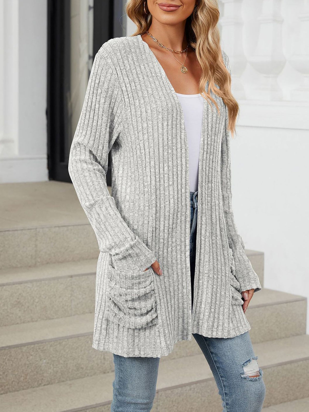 Cozy Knit Solid Color Pocket Long Sleeve Mid Length Casual Cardigan
