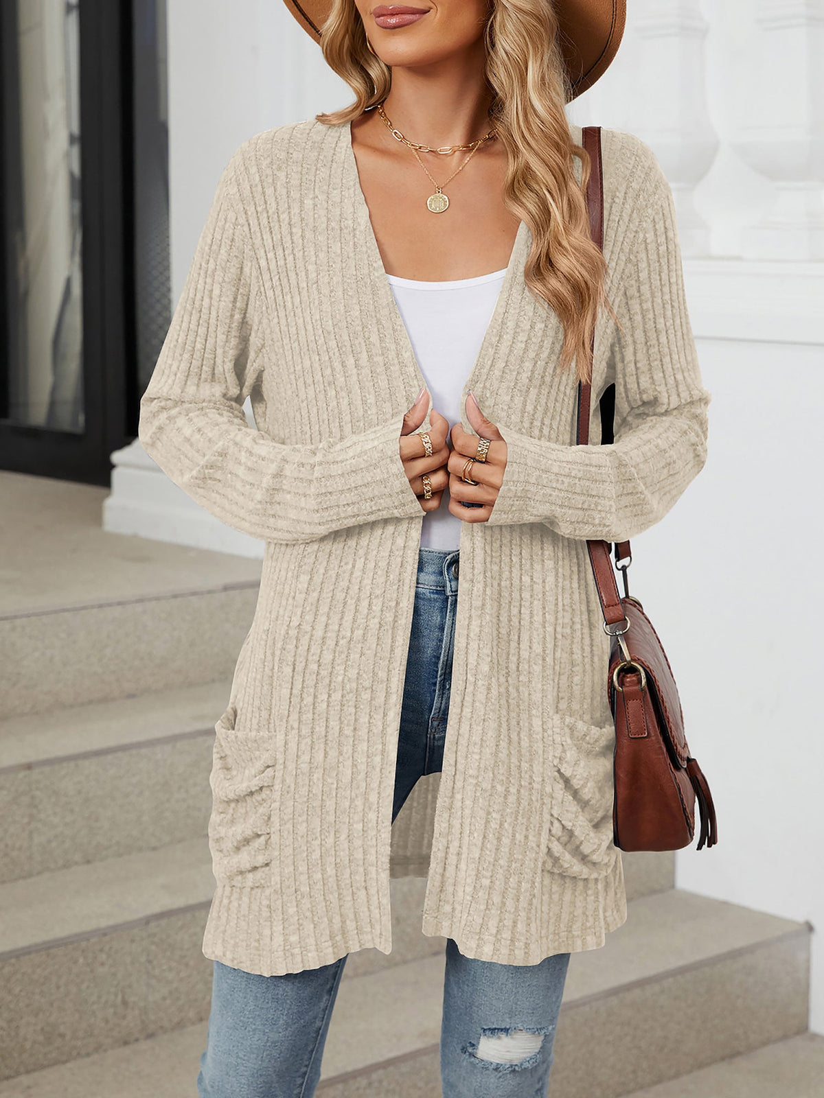 Cozy Knit Solid Color Pocket Long Sleeve Mid Length Casual Cardigan