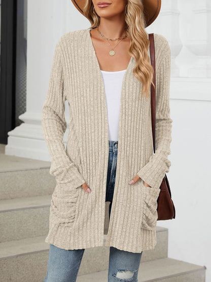 Cozy Knit Solid Color Pocket Long Sleeve Mid Length Casual Cardigan