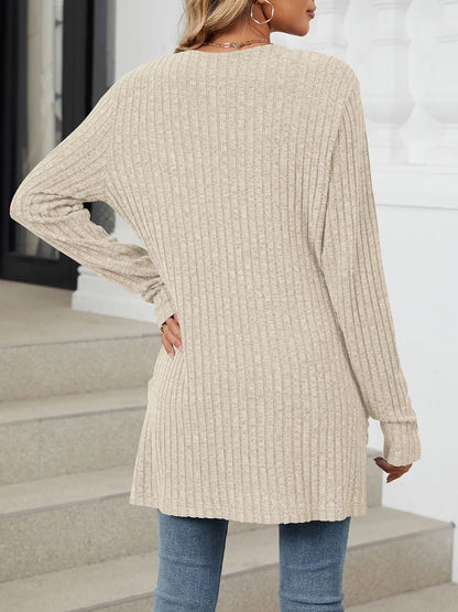 Cozy Knit Solid Color Pocket Long Sleeve Mid Length Casual Cardigan