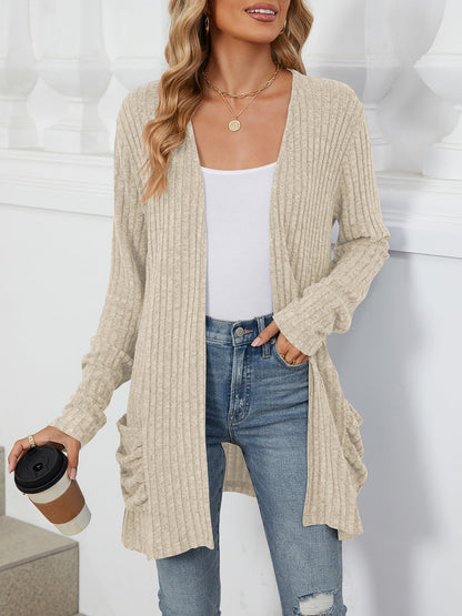 Cozy Knit Solid Color Pocket Long Sleeve Mid Length Casual Cardigan