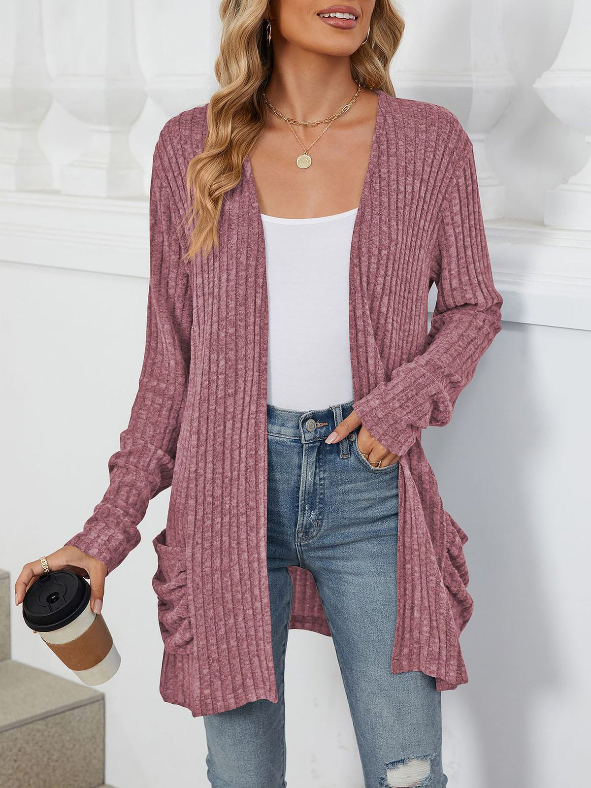 Cozy Knit Solid Color Pocket Long Sleeve Mid Length Casual Cardigan