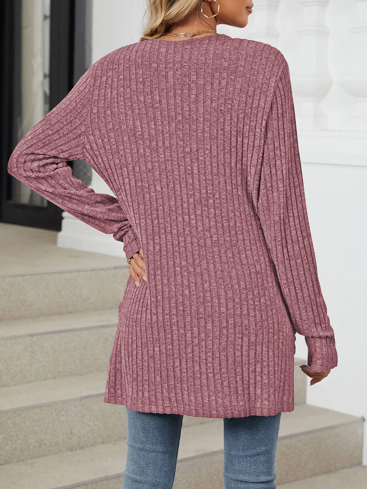 Cozy Knit Solid Color Pocket Long Sleeve Mid Length Casual Cardigan