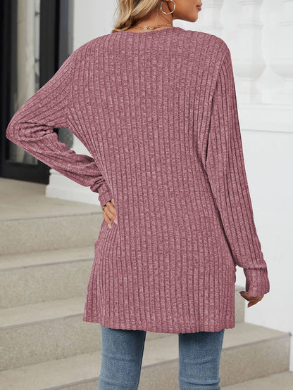 Cozy Knit Solid Color Pocket Long Sleeve Mid Length Casual Cardigan