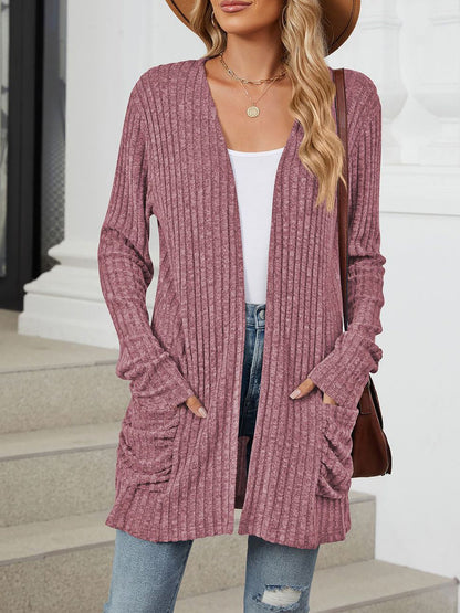 Cozy Knit Solid Color Pocket Long Sleeve Mid Length Casual Cardigan
