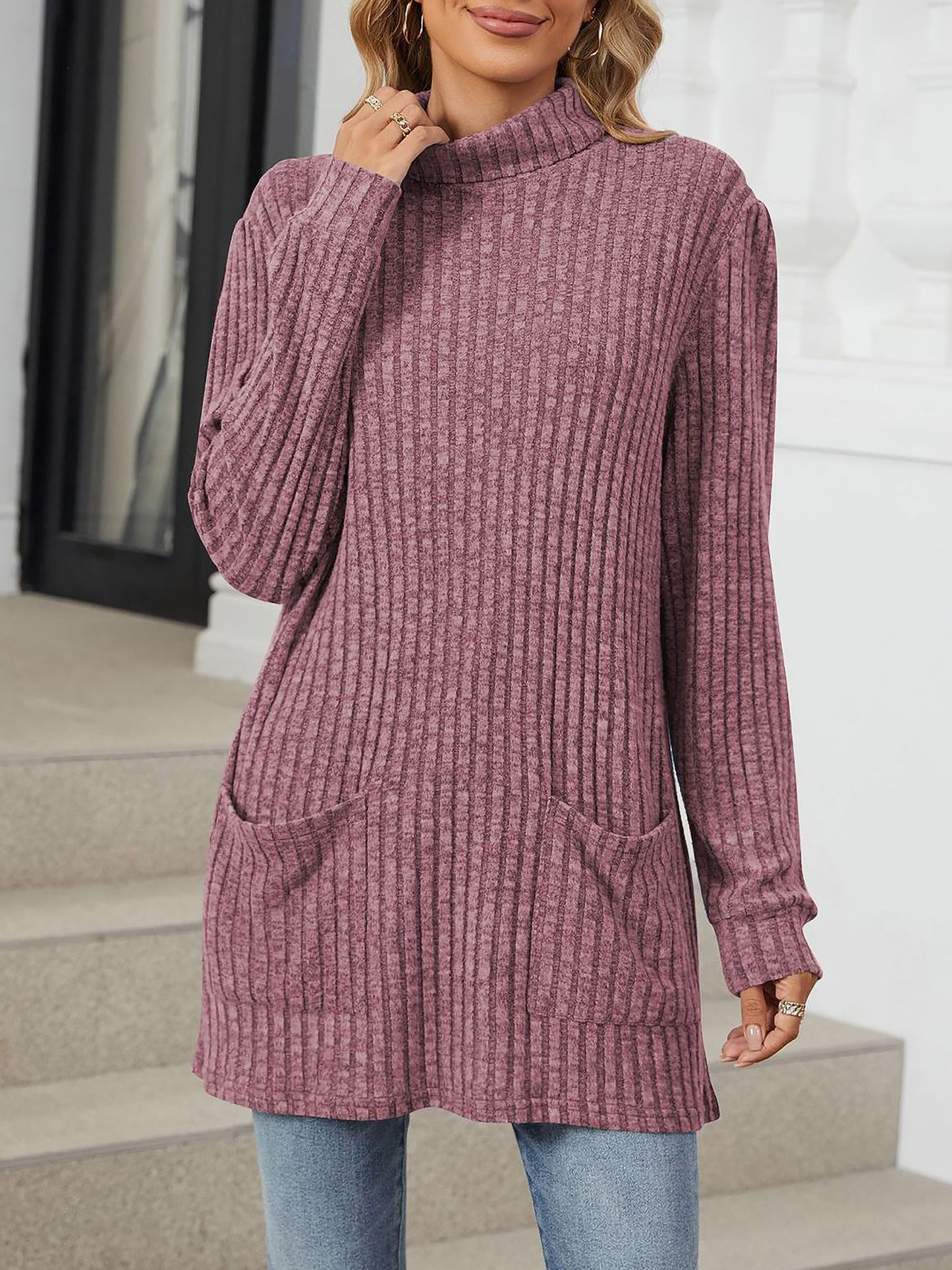 Solid Color Mock Neck Long Sleeve Tunic Blouse