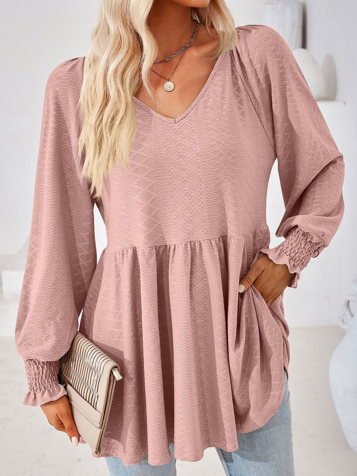 Solid Color V Neck Textured Smocked Sleeves Peplum Blouse