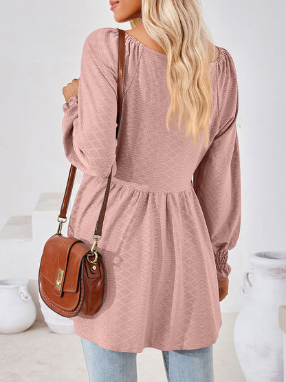 Solid Color V Neck Textured Smocked Sleeves Peplum Blouse