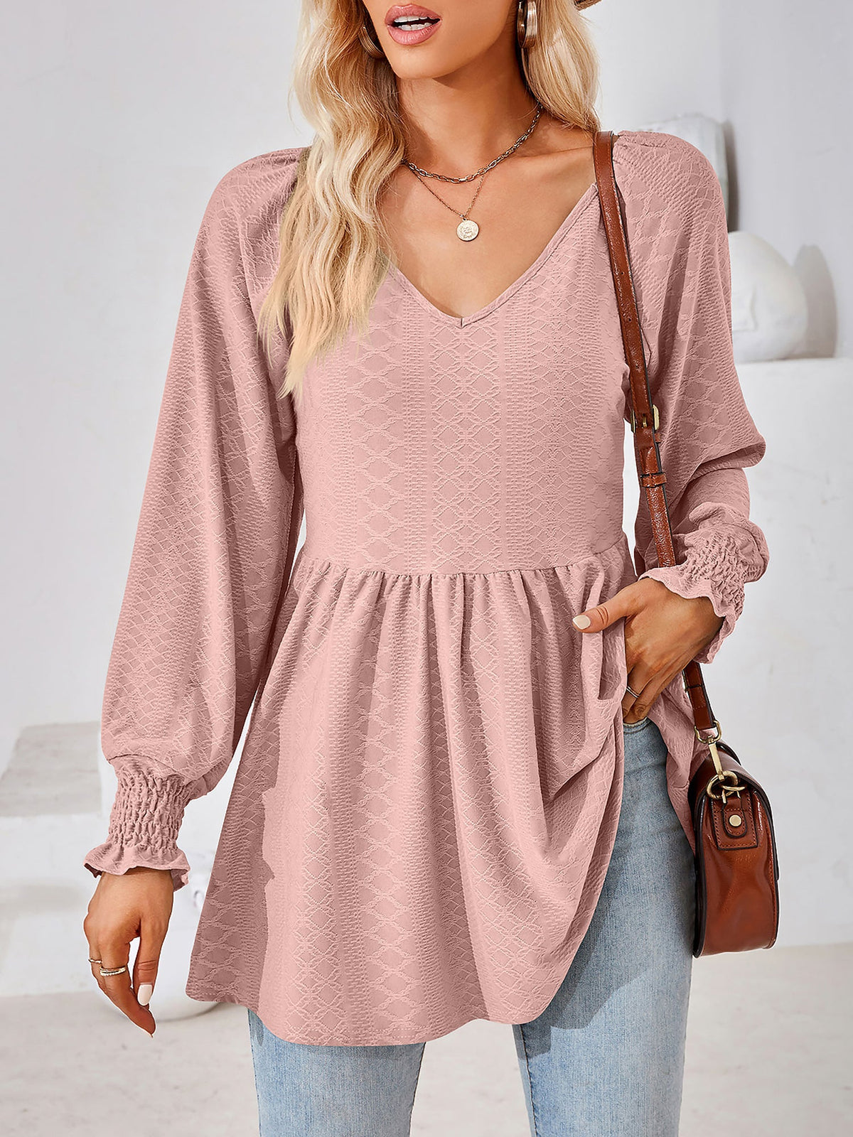 Solid Color V Neck Textured Smocked Sleeves Peplum Blouse