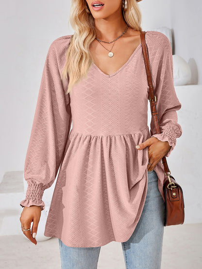 Solid Color V Neck Textured Smocked Sleeves Peplum Blouse
