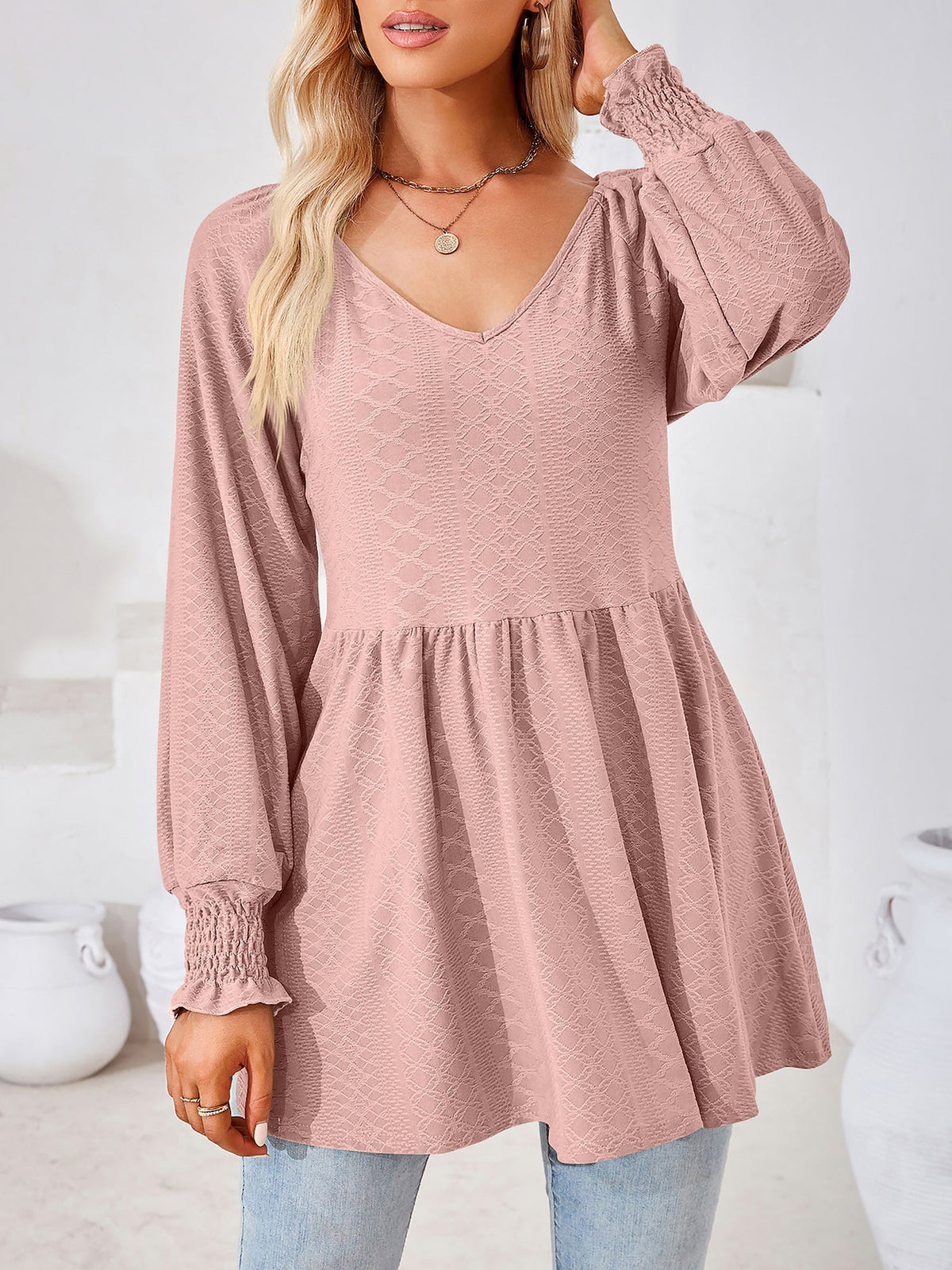 Solid Color V Neck Textured Smocked Sleeves Peplum Blouse