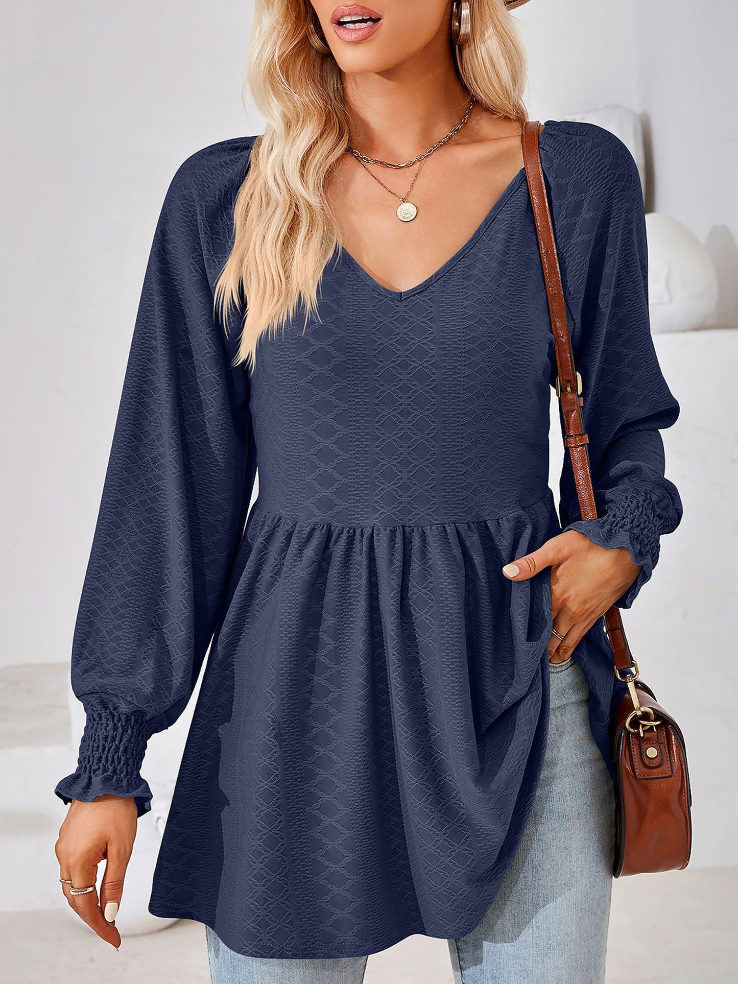 Solid Color V Neck Textured Smocked Sleeves Peplum Blouse