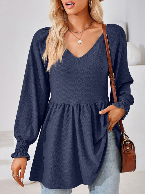 Solid Color V Neck Textured Smocked Sleeves Peplum Blouse