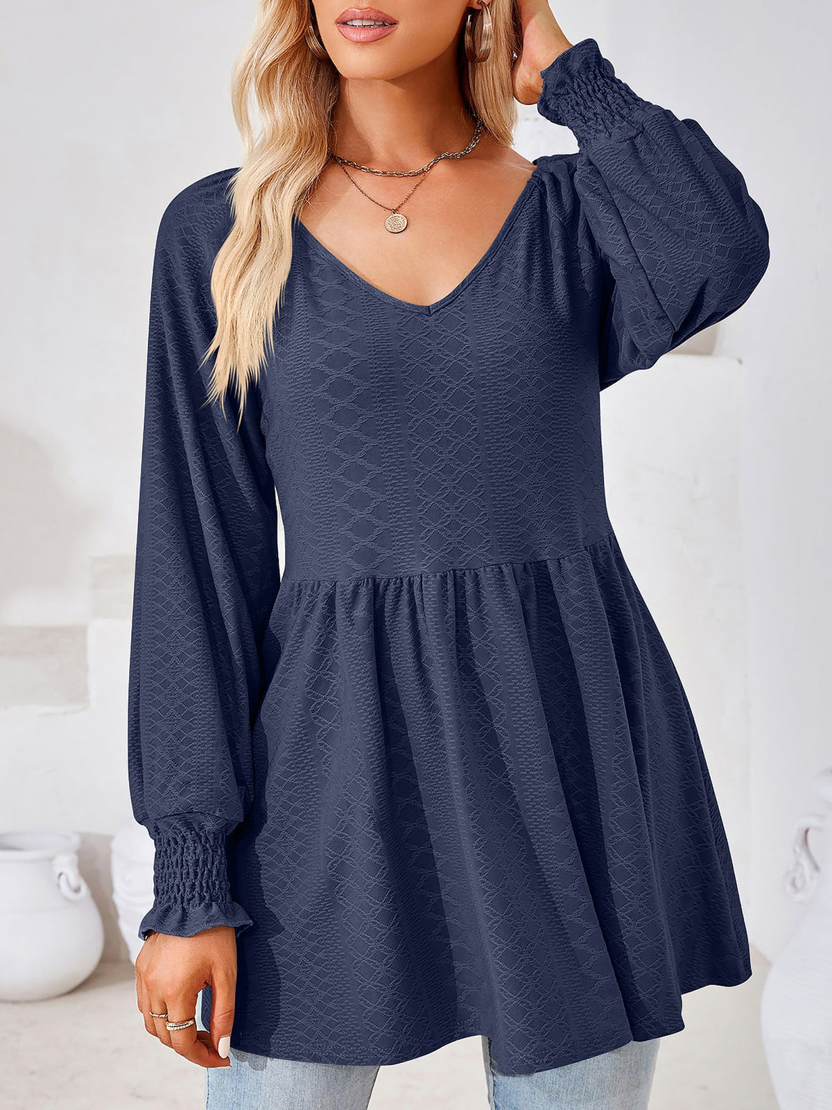 Solid Color V Neck Textured Smocked Sleeves Peplum Blouse