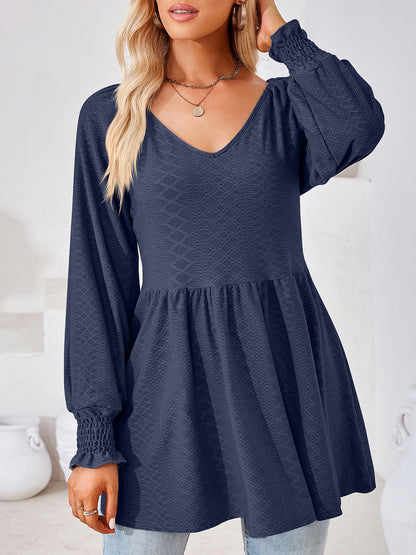 Solid Color V Neck Textured Smocked Sleeves Peplum Blouse