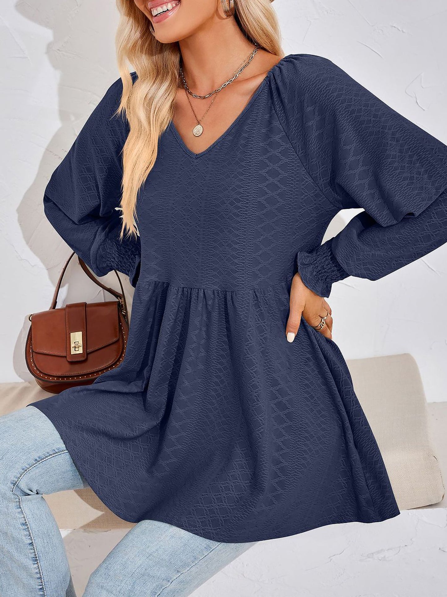 Solid Color V Neck Textured Smocked Sleeves Peplum Blouse