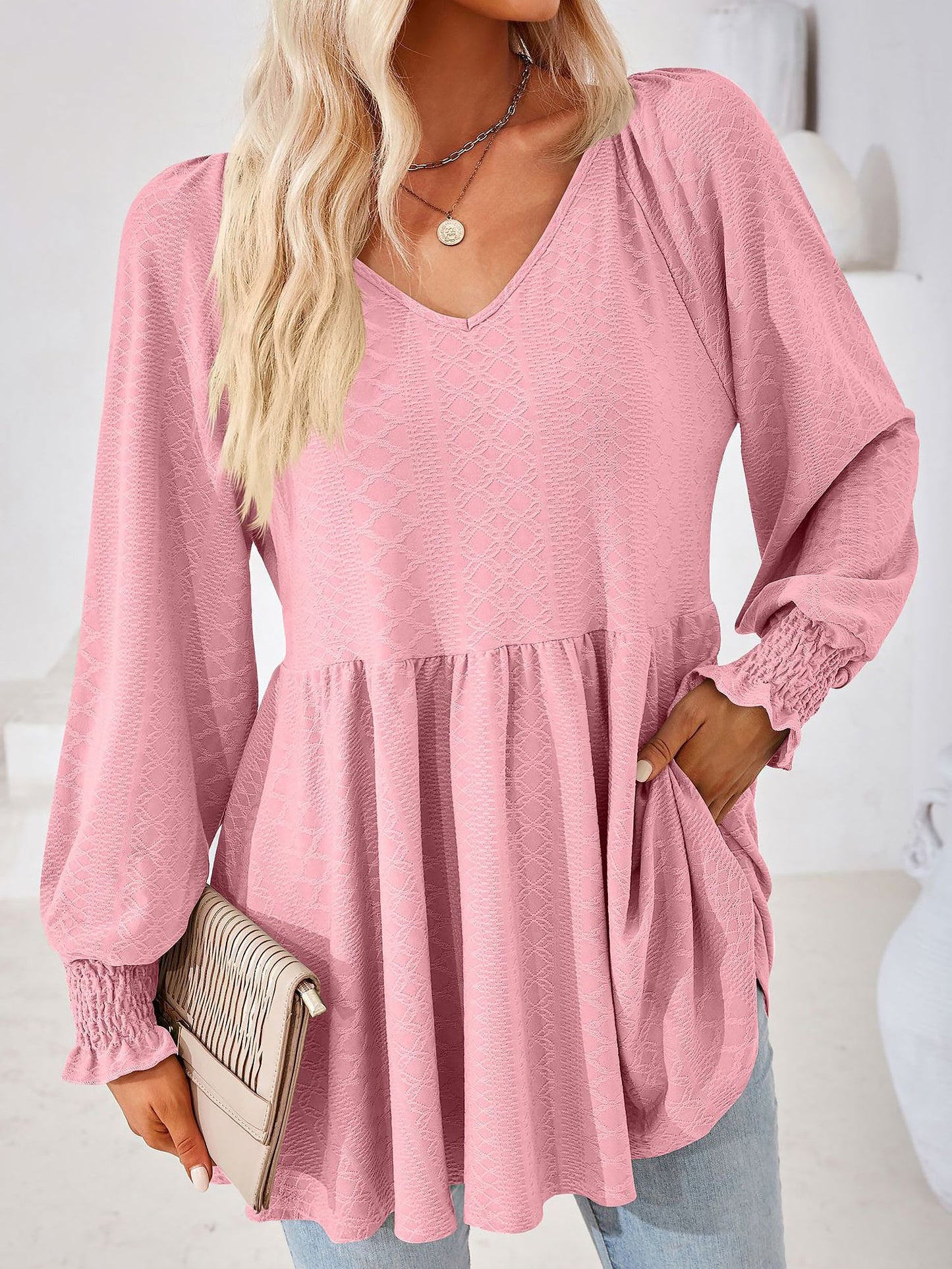 Solid Color V Neck Textured Smocked Sleeves Peplum Blouse