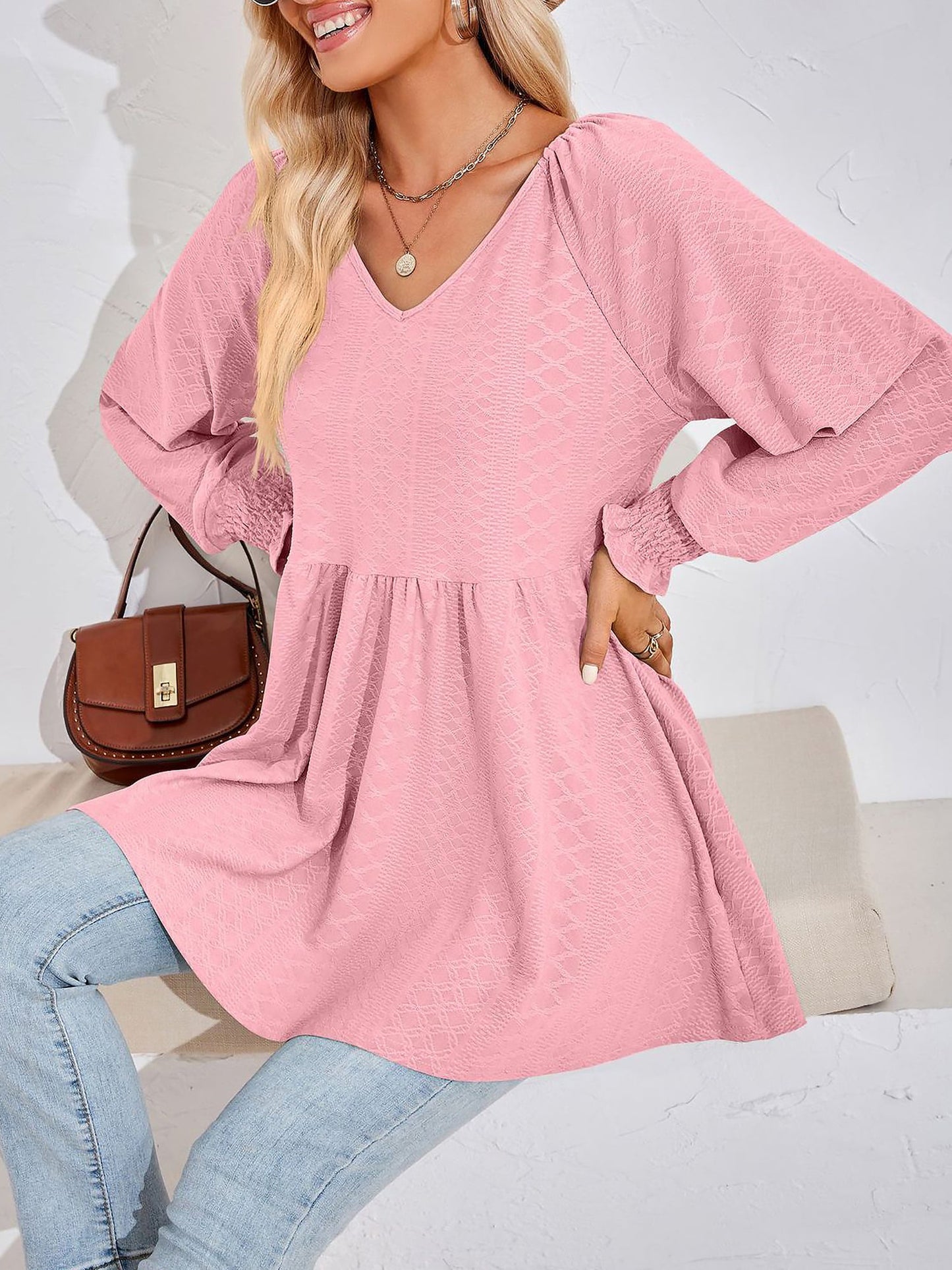 Solid Color V Neck Textured Smocked Sleeves Peplum Blouse