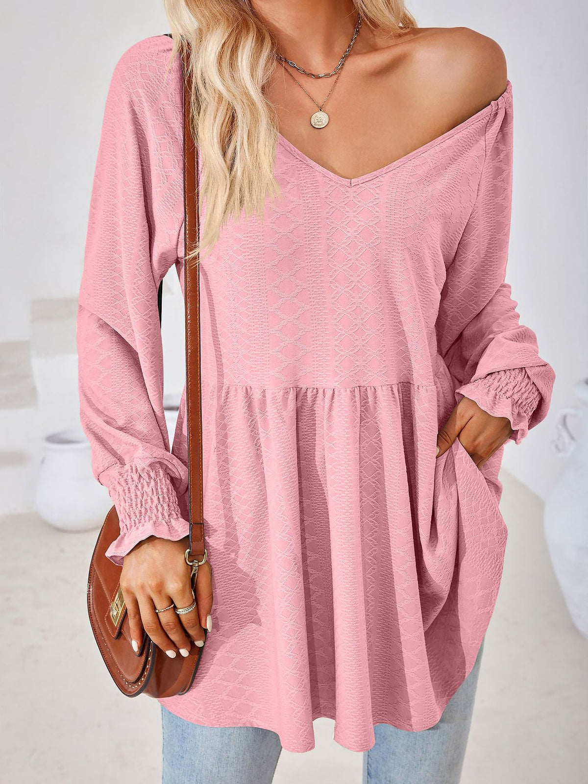Solid Color V Neck Textured Smocked Sleeves Peplum Blouse
