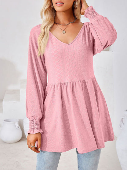 Solid Color V Neck Textured Smocked Sleeves Peplum Blouse