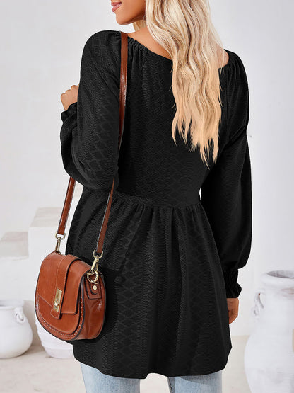 Solid Color V Neck Textured Smocked Sleeves Peplum Blouse