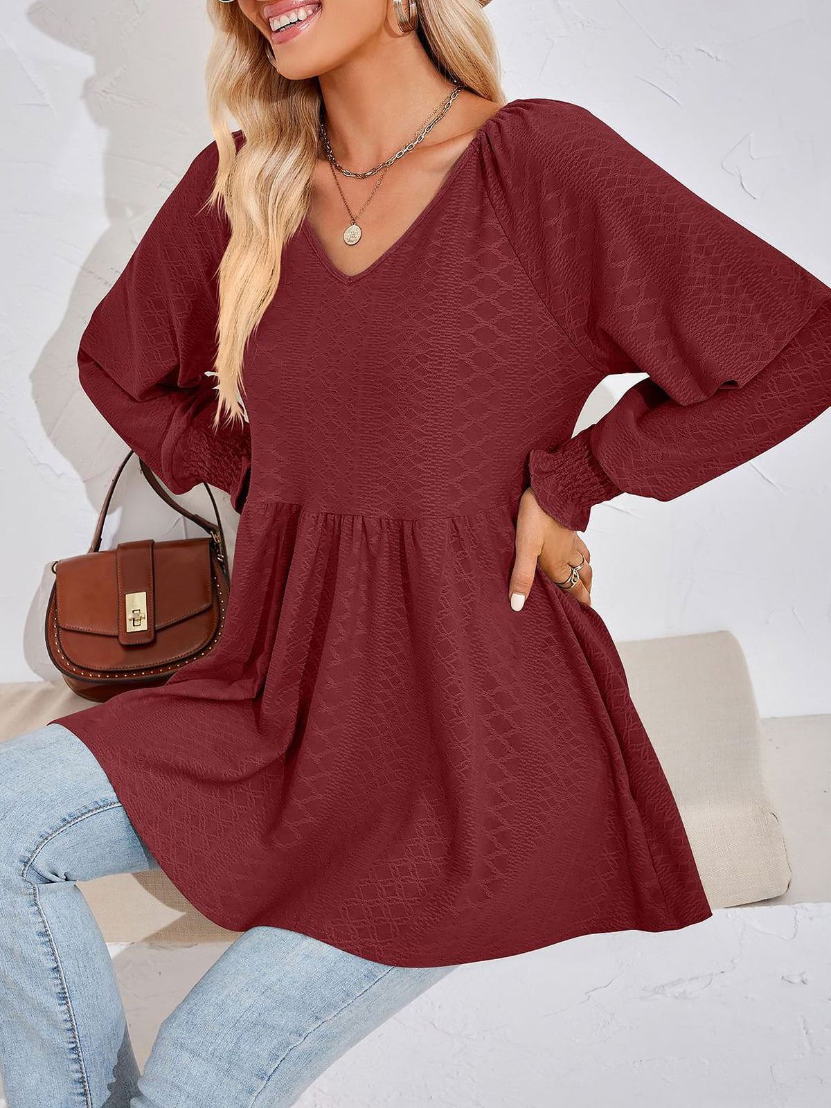 Solid Color V Neck Textured Smocked Sleeves Peplum Blouse