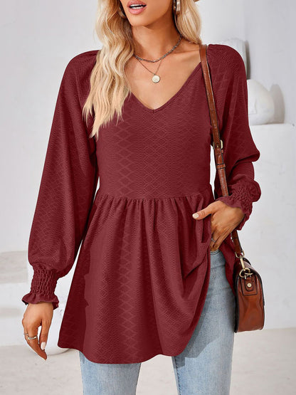Solid Color V Neck Textured Smocked Sleeves Peplum Blouse
