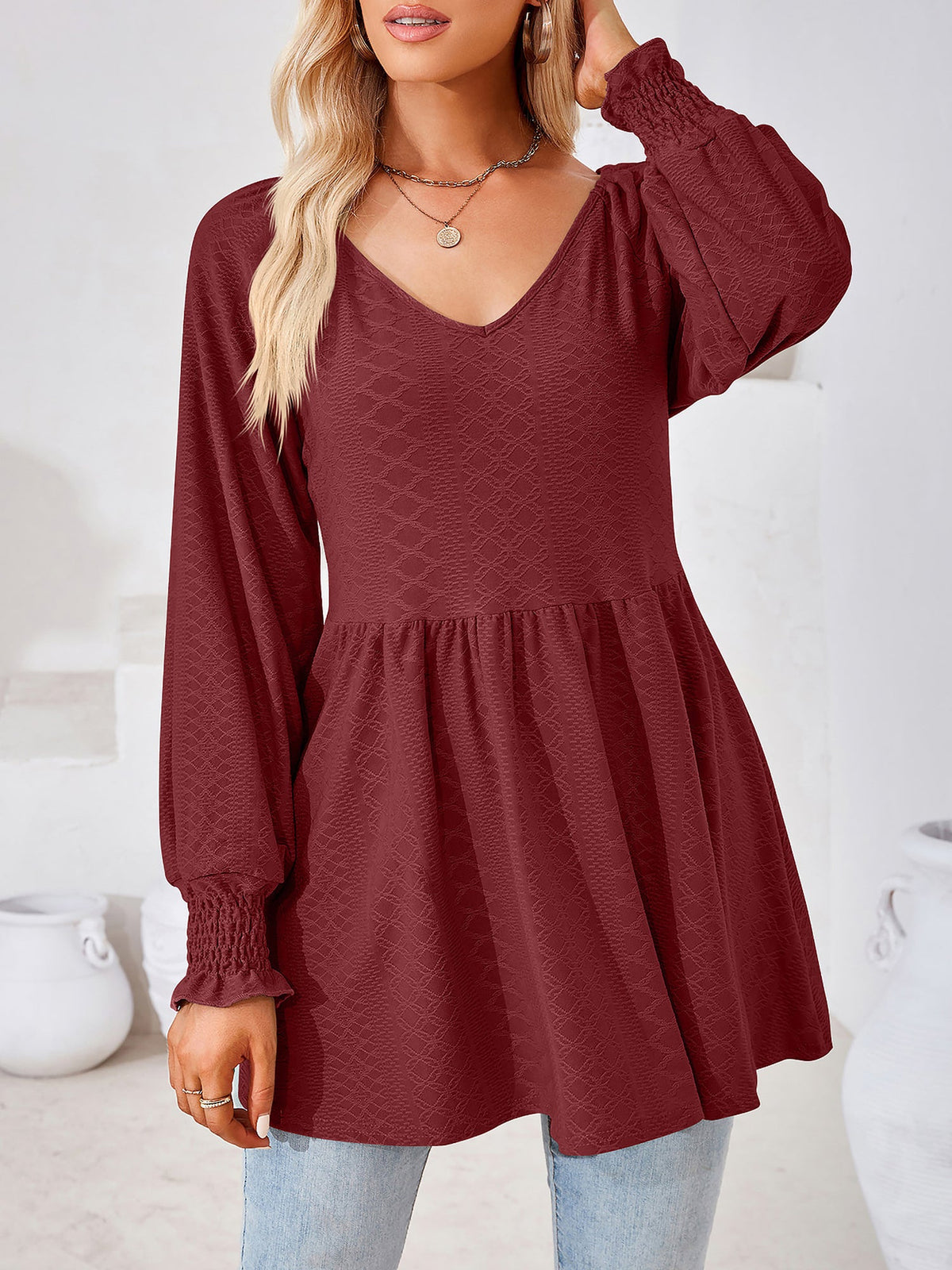Solid Color V Neck Textured Smocked Sleeves Peplum Blouse
