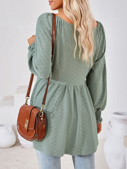 Solid Color V Neck Textured Smocked Sleeves Peplum Blouse