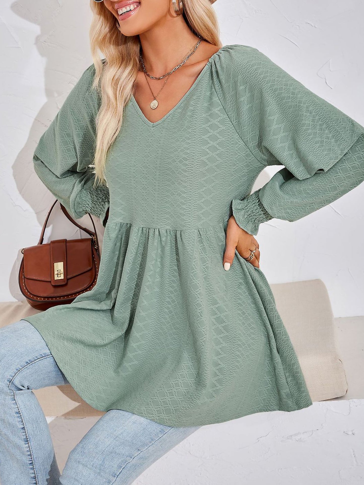Solid Color V Neck Textured Smocked Sleeves Peplum Blouse