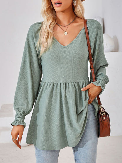 Solid Color V Neck Textured Smocked Sleeves Peplum Blouse