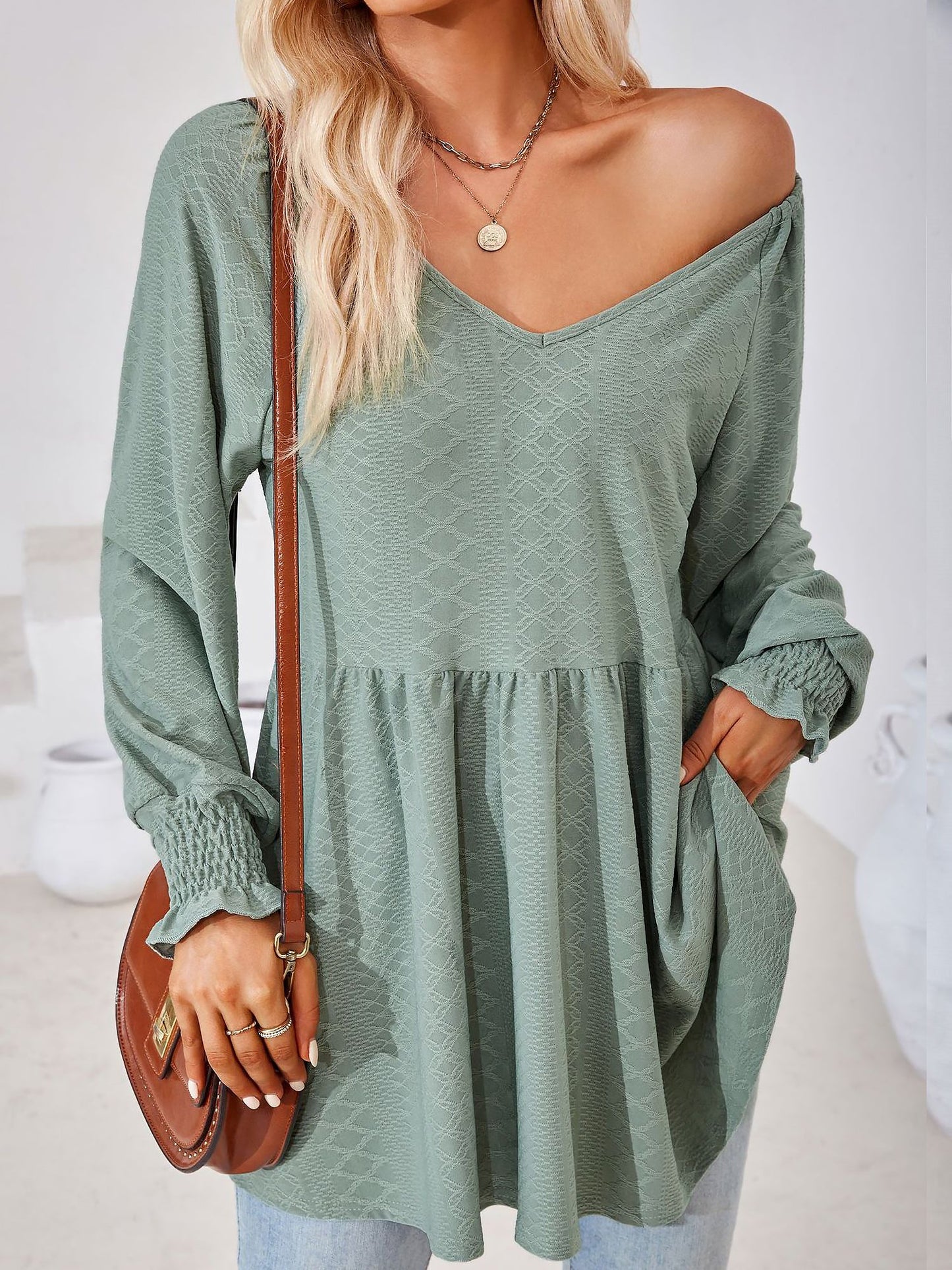 Solid Color V Neck Textured Smocked Sleeves Peplum Blouse