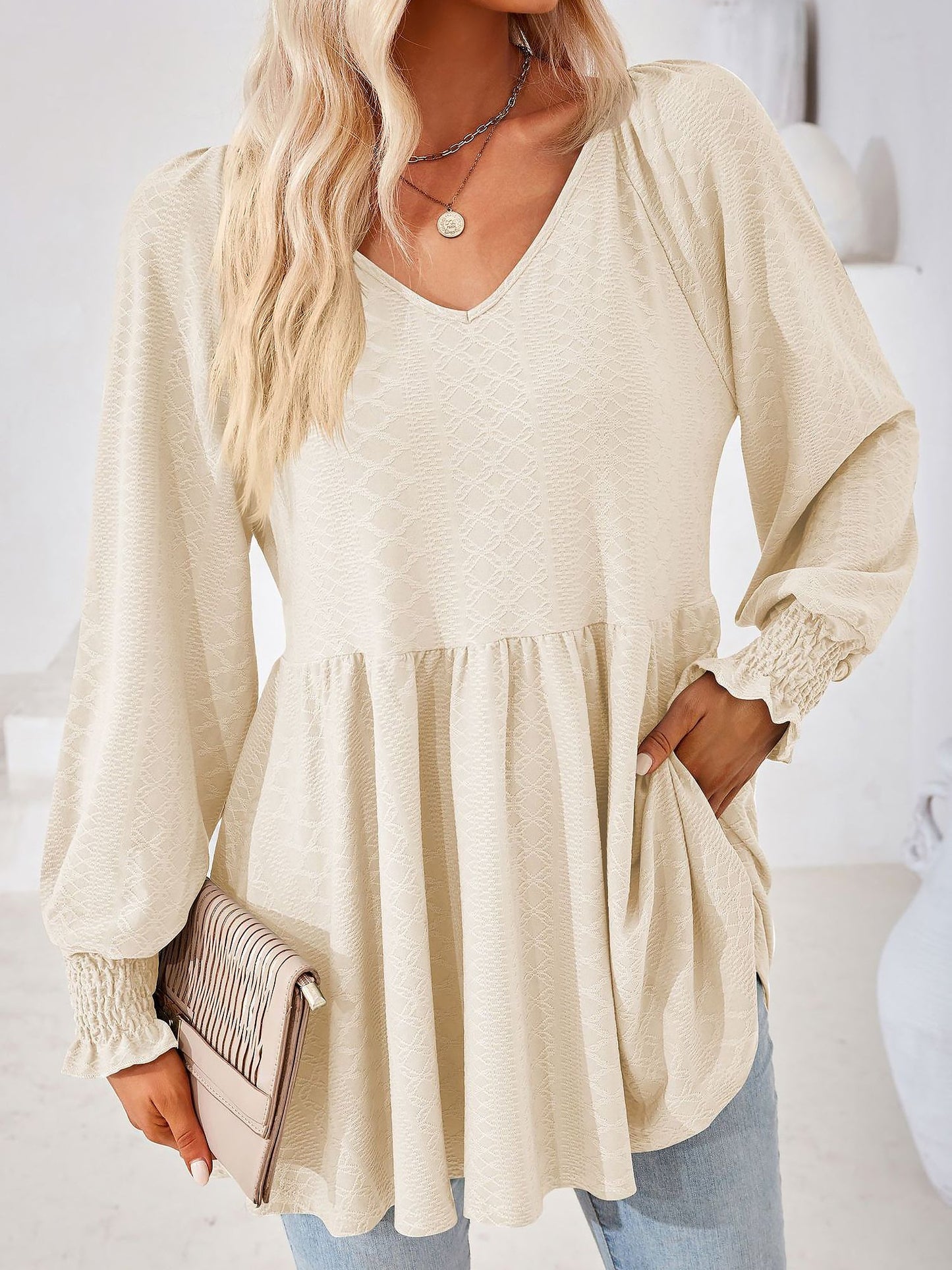 Solid Color V Neck Textured Smocked Sleeves Peplum Blouse
