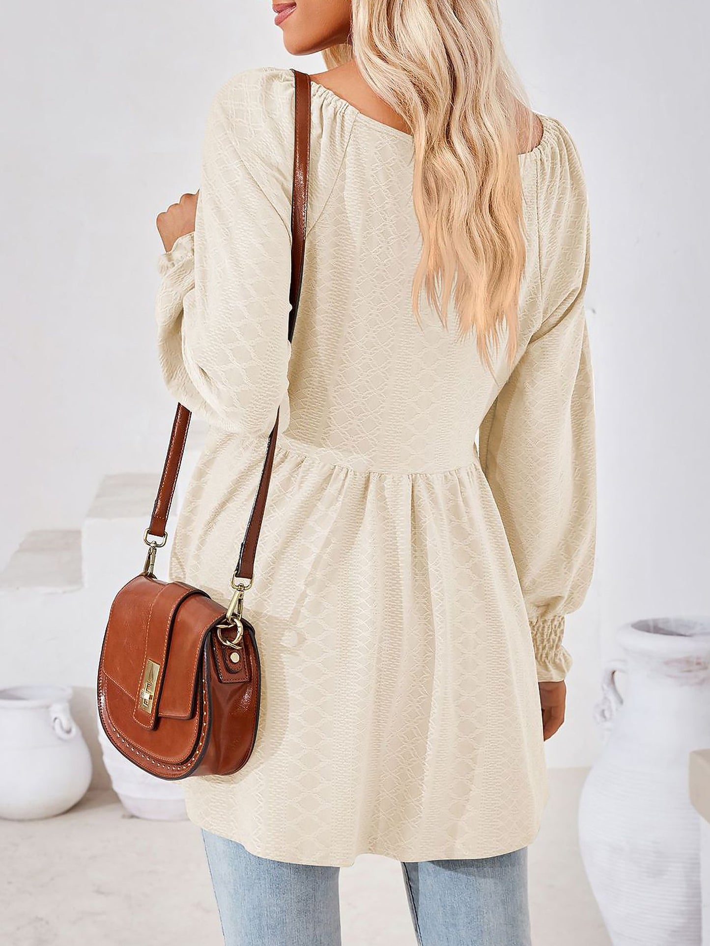Solid Color V Neck Textured Smocked Sleeves Peplum Blouse