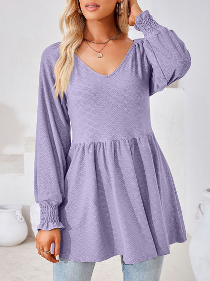 Solid Color V Neck Textured Smocked Sleeves Peplum Blouse