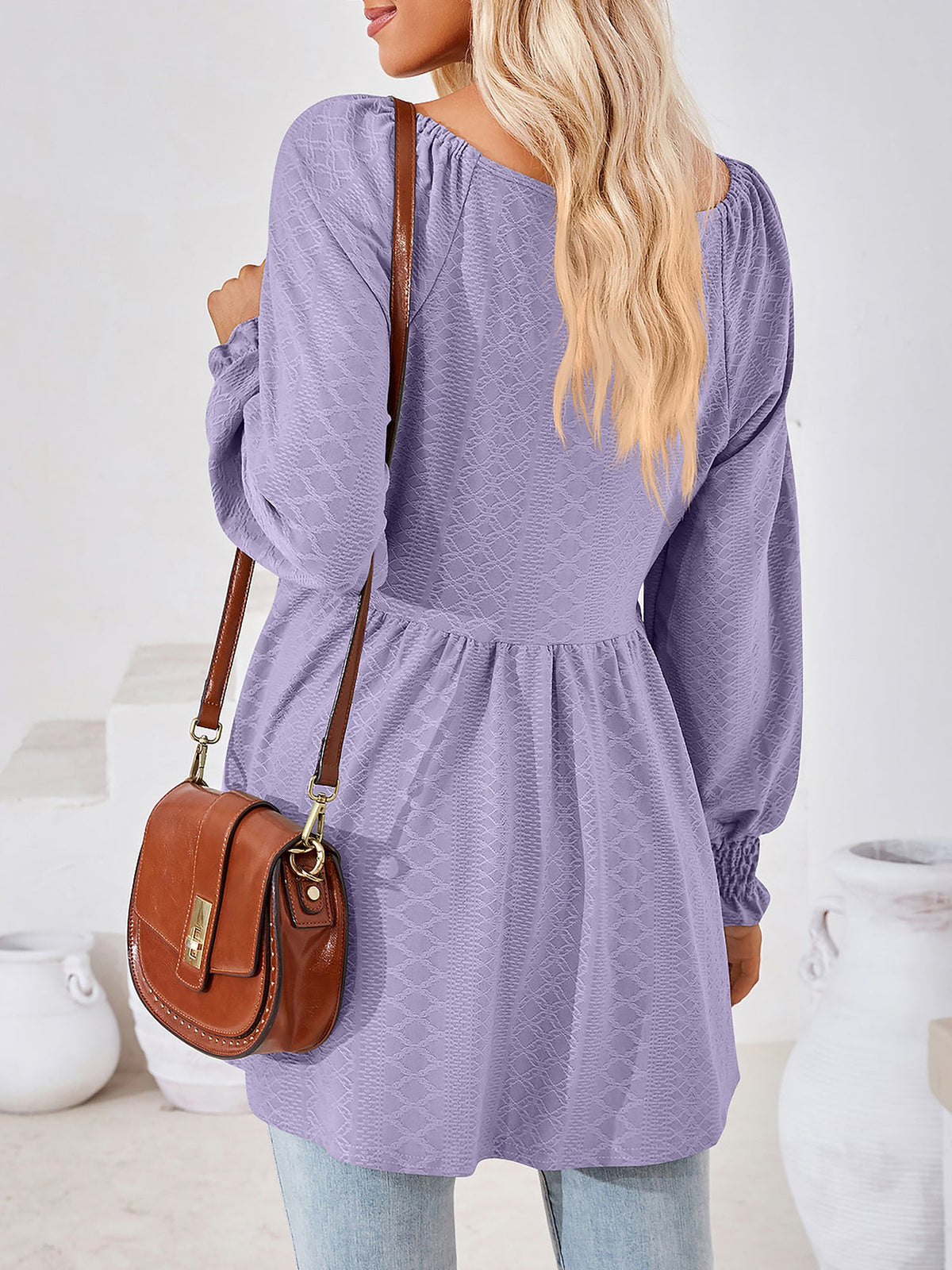 Solid Color V Neck Textured Smocked Sleeves Peplum Blouse