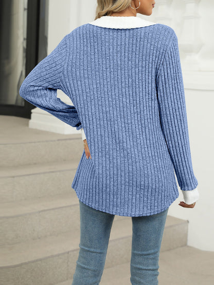 Colorblock Lapel Collar Long Sleeve Loose Blouse Top
